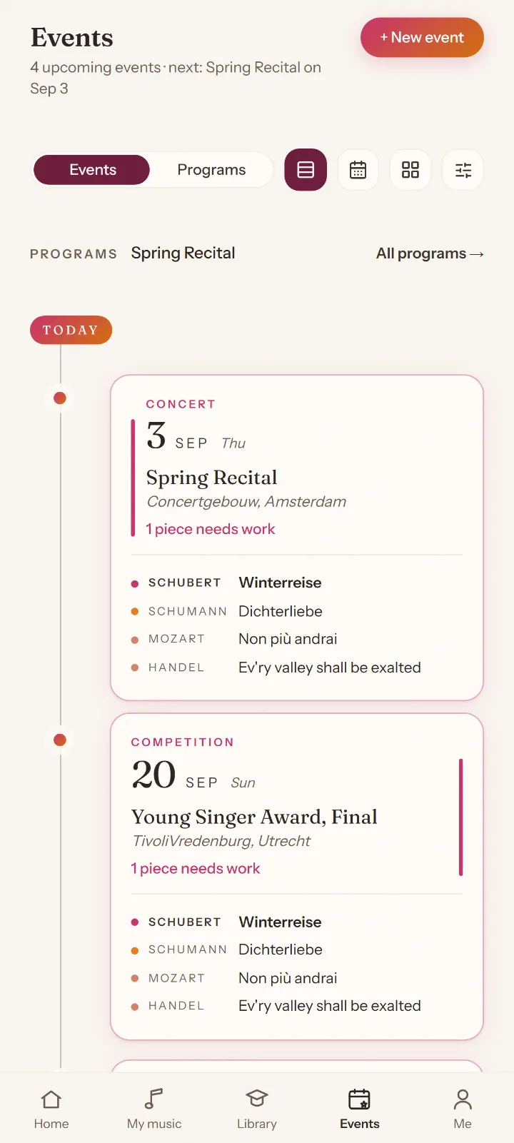 All your pieces, programs and concerts in one place